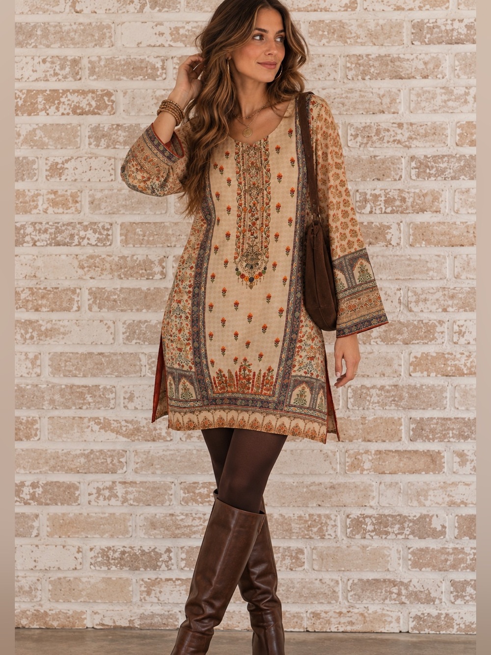 Boho Floral Beige Kurta Tunic Mini Dress Indian Inspired Side Slit Fall 47” Bust